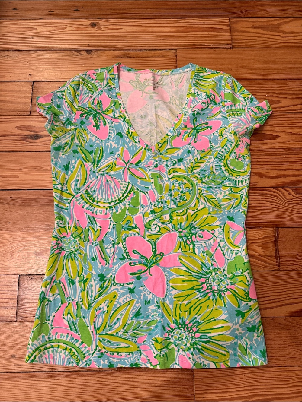 Lilly Pulitzer Pink, Green & Blue Floral V-Neck Tee